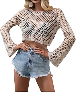 Kedera Womens Cropped Knit Top Long Sleeve Crochet Hollow Out Crewneck Sweater Crop Tops