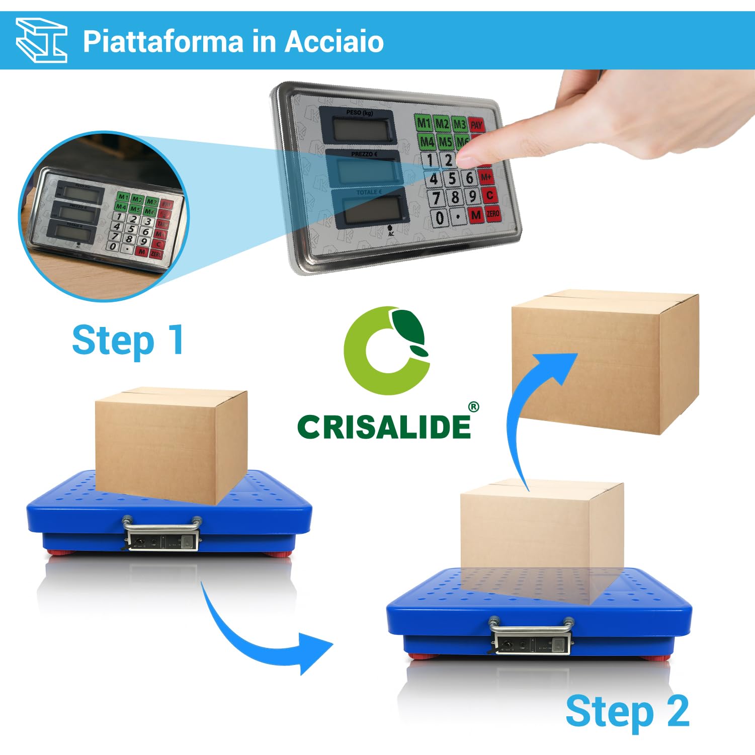Crisalide Báscula de plataforma industrial inalámbrica 300 kg – Pantalla LED, plataforma de acero inoxidable, recargable con cable – 2 fuentes de alimentación incluidas – Báscula profesional