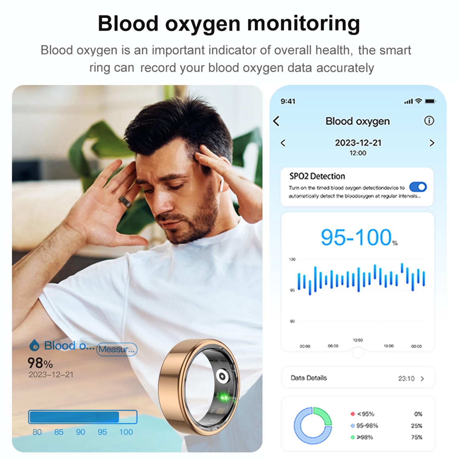 findtime Bague intelligente de fitness Android iOS podomètre pour homme et femme Or argenté Bague de fitness moniteur de fréquence cardiaque Tracker d'activité