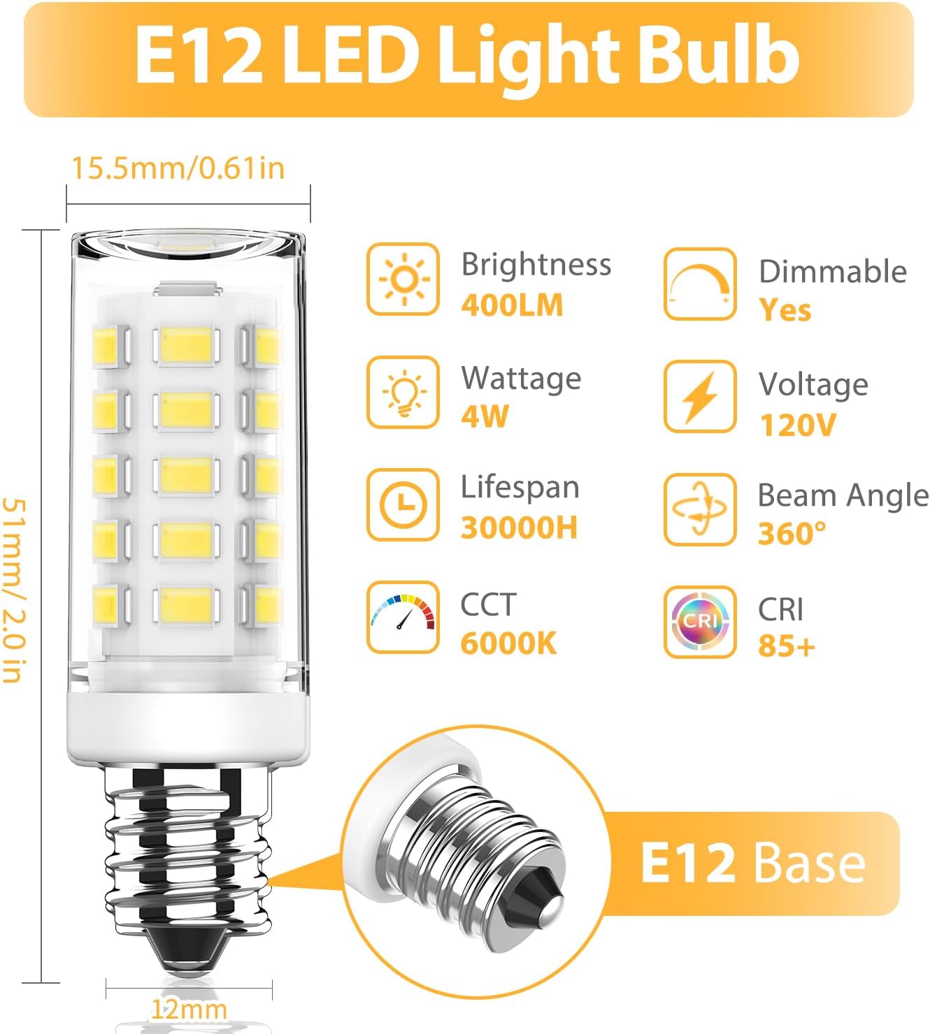 YUIIP Dimmable E12 LED Bulb 4W Equivalent 40W Halogen, 6000K Daylight White AC120V C7 E12 Candelabra Base Light Bulbs for Ceiling Fan Chandelier, 400LM 6 Pack