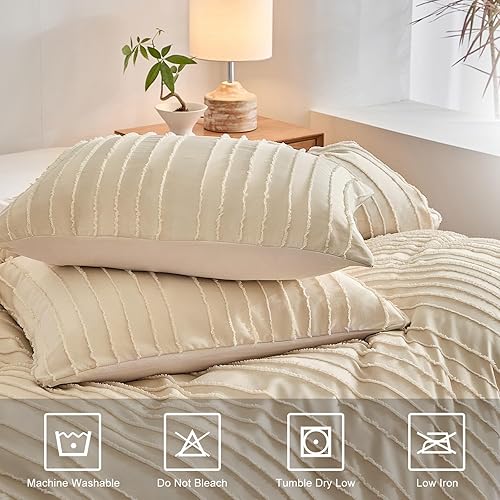 Miniatura 4 de WARMDERN Juego de funda de edredón bohemio de color caqui, tamaño Queen, juego de ropa de cama con mechones con textura a rayas, 3 piezas, funda de