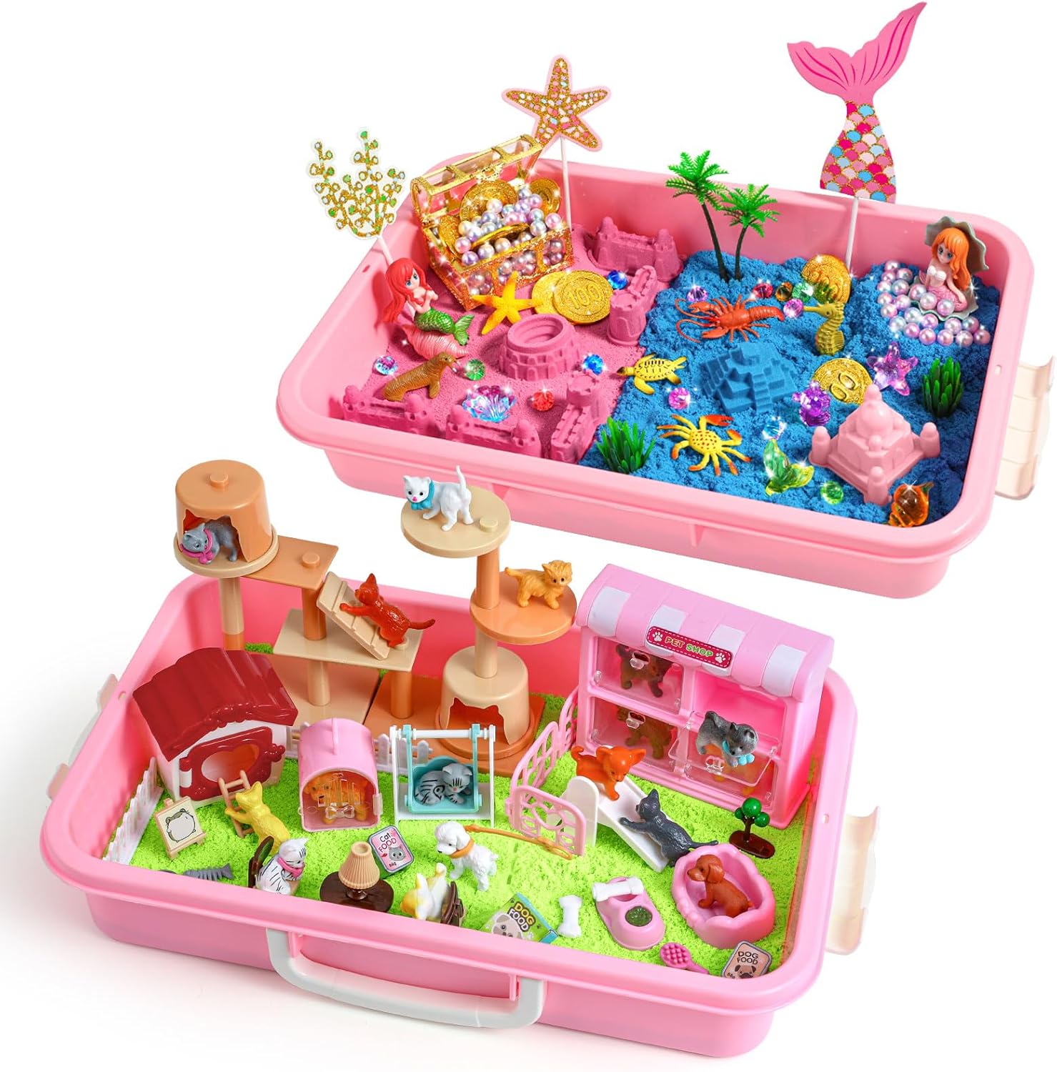 KNASON Mermaid and Cat and Dog Sensory Bin,Play Sand Kit for Girls and Boys with 2.2lbs Sensory Sand and Sand Box,Christmas Birthday Present for Kids Ages 3 4 5 6 7 8