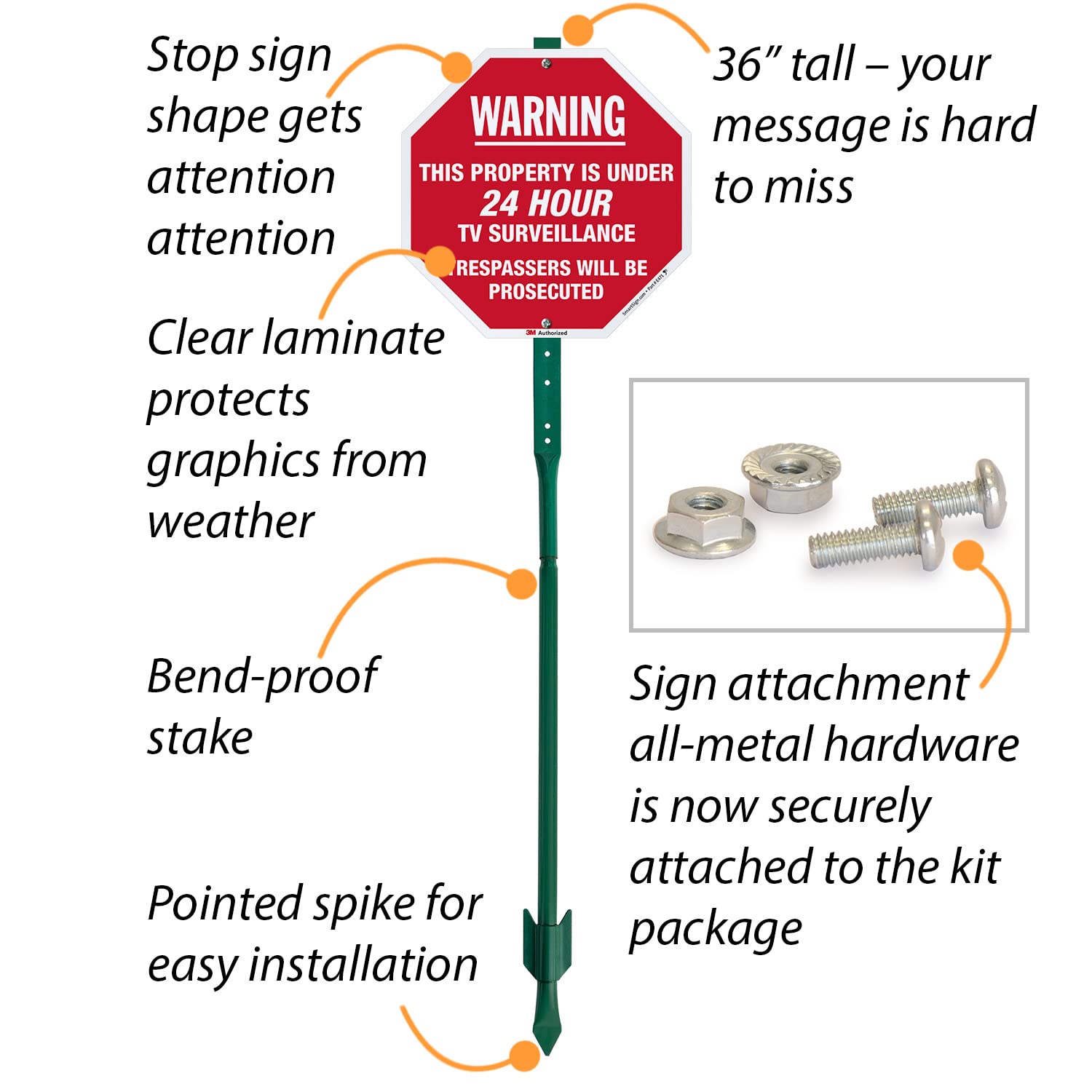 SmartSign 10" x 10" 'Warning - This Property is Under 24 Hour TV Surveillance' Octagon Yard Sign with 3 Ft Stake, 40 mil Aluminum 3M Laminated Engineer Grade Reflective, Red/White, USA-Made