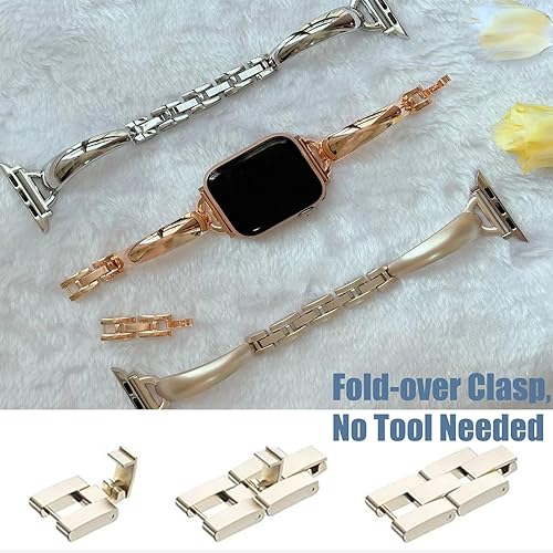 Miniatura 5 de Correa delgada de acero inoxidable dorada compatible con Apple Watch de 1.496 pulgadas, 1.575 pulgadas, 1.614 pulgadas, 1.614 pulgadas, 1.614