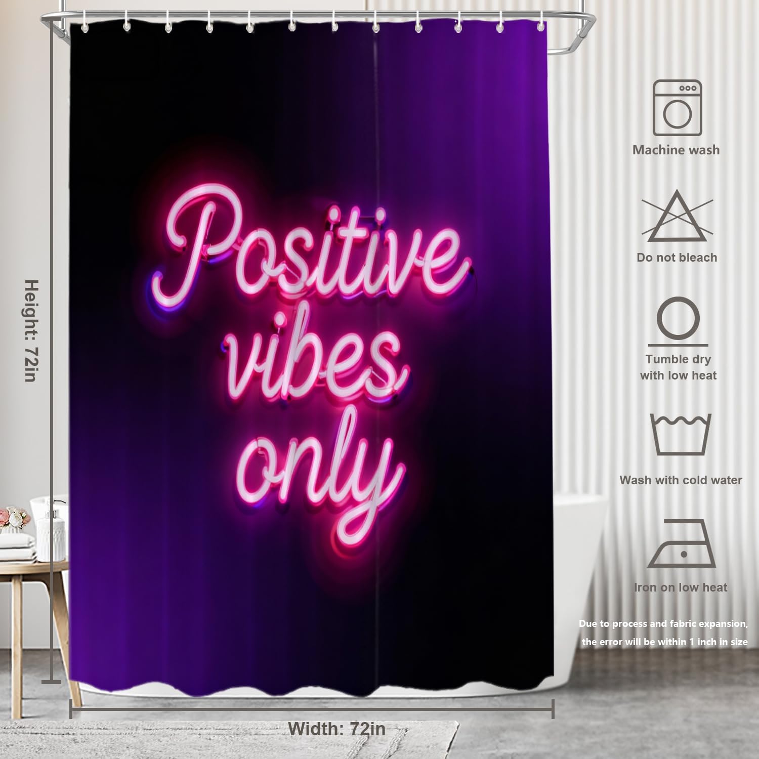 Good Vibes Only Decor Shower Curtain Set,Blacklight Positive Neon Lettering Dark Polyester Shower Curtain for Shower Stall Bathroom Waterproof with 12 Hooks 72x72 Inch