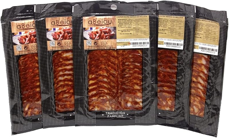 Chorizo Ibérico de Bellota Loncheado 50% Raza Ibérica 500 g (5×100 g) — Curación +16 Meses — Cert. Hycer — Guijuelo Salamanca — aBeiou