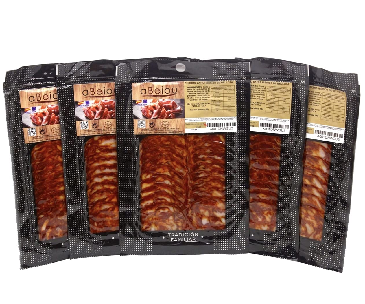 Chorizo Ibérico de Bellota Loncheado 50% Raza Ibérica 500 g (5×100 g) — Curación +16 Meses — Cert. Hycer — Guijuelo Salamanca — aBeiou