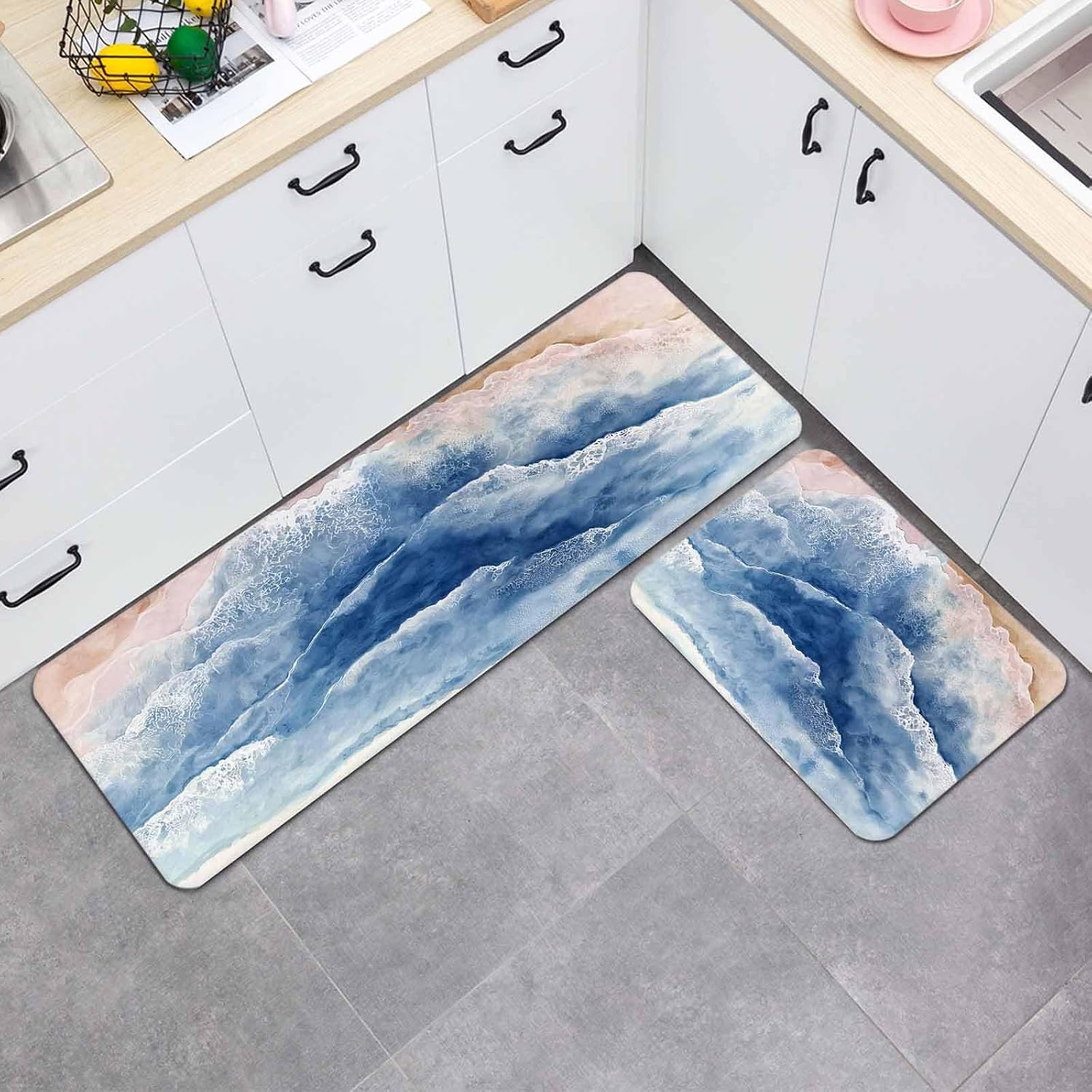 Prime Leader Summer Beach Kitchen Mat Set 2 Pieces Dark Blue Boho Coastal Nautical Ocean Wave Non Slip Kitchen Rugs Washable Runner Rug Mats for Sink Laundry (19.7" x 31.5"+19.7" x 47.2")
