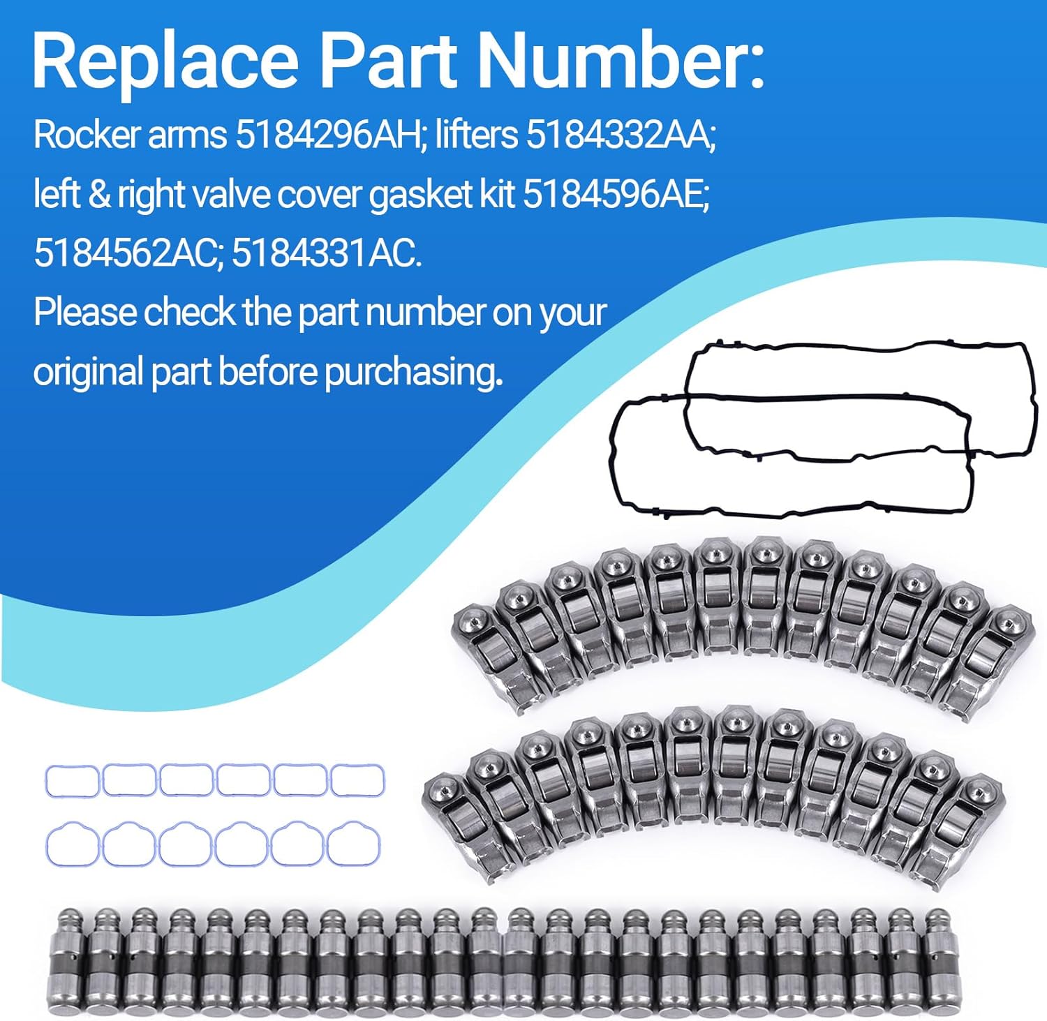 24pcs Rocker Arm Lifters Valve Cover Gasket Kit Fit for 11-20 Dodge Journey Challenger Durango Avenger Ram 1500 Grand Cherokee Wrangler 11-19 ChrysIer 200 300 5184296AH 5184332AA 5184596AE 5184331AC