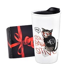 Ceramic Travel Coffee Mug, Reusable White Mug Unique To Go Coffee Cup with Splash Resistant Lid, Cute Travel Mugs for Cat Mon Dad Cat Lovers, 12 Ounce, Funny MEOW with Glasses Decor Stay Paw Sitive