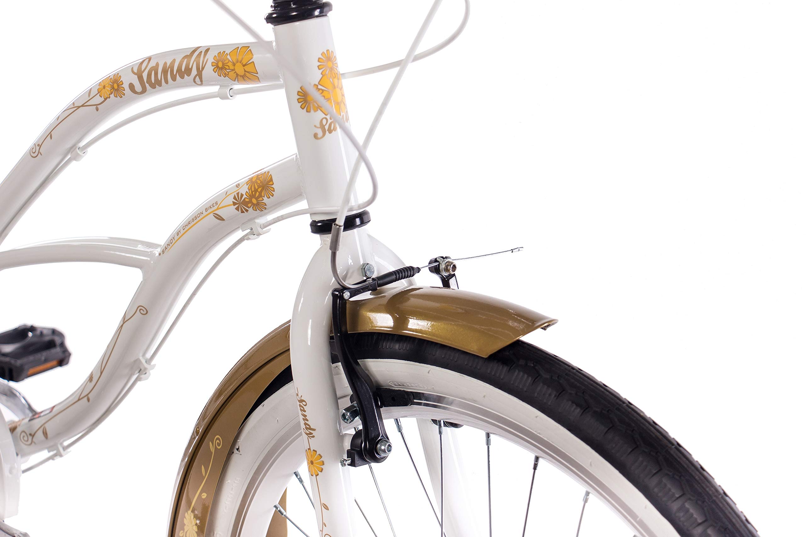 CHRISSON 26 Zoll Beachcruiser Sandy Weiss Gold mit 6 Gang Shimano Tourney Kettenschaltung, Damenfahrrad im Retro Look, Vintage Cruiser Bike