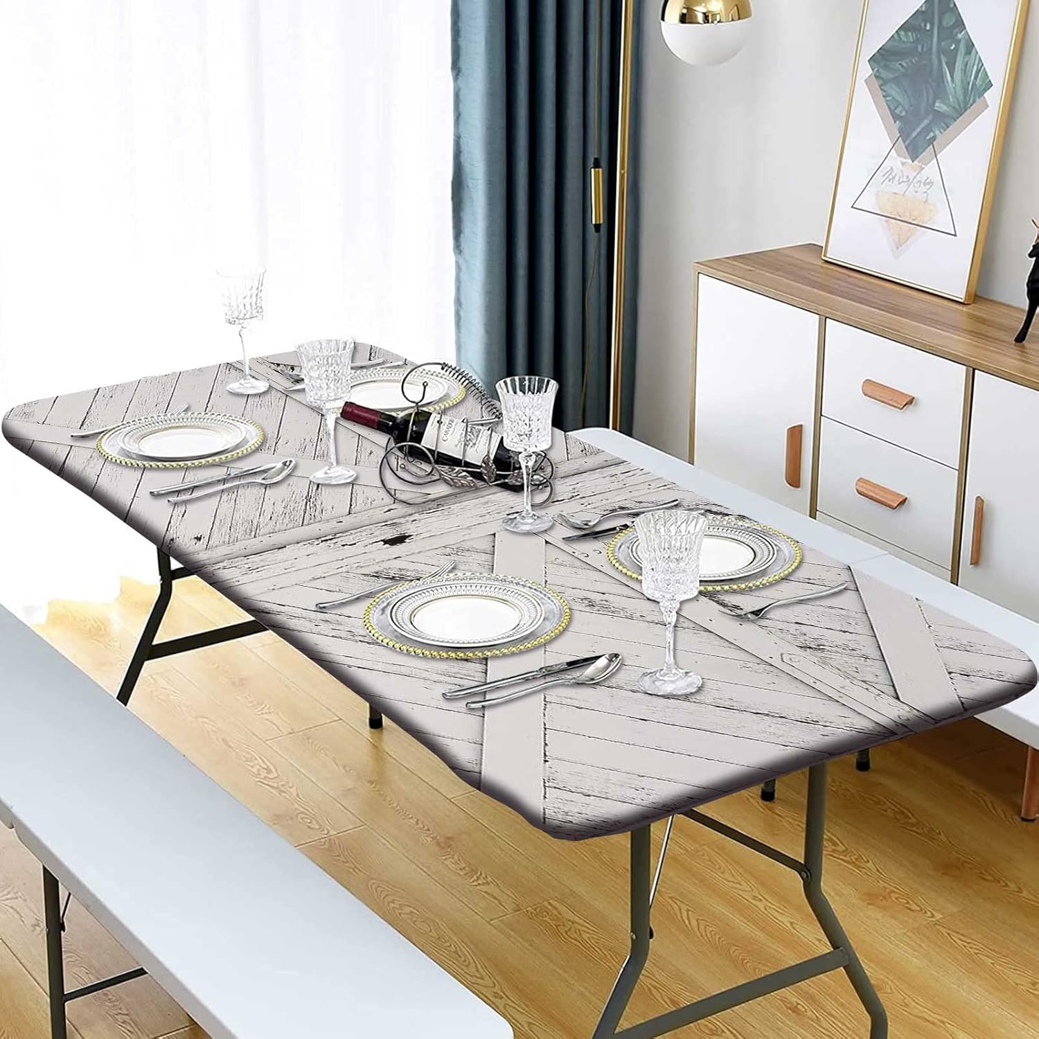 Rustic Barn Rectangle Fitted Tablecloth for 4ft Rectangle Tables, Elastic Edged Polyester Wooden Farmhouse Table Cover, for Outdoor Indoor Kitchen Coffee Table Decor, 24x48 inch, Gray White