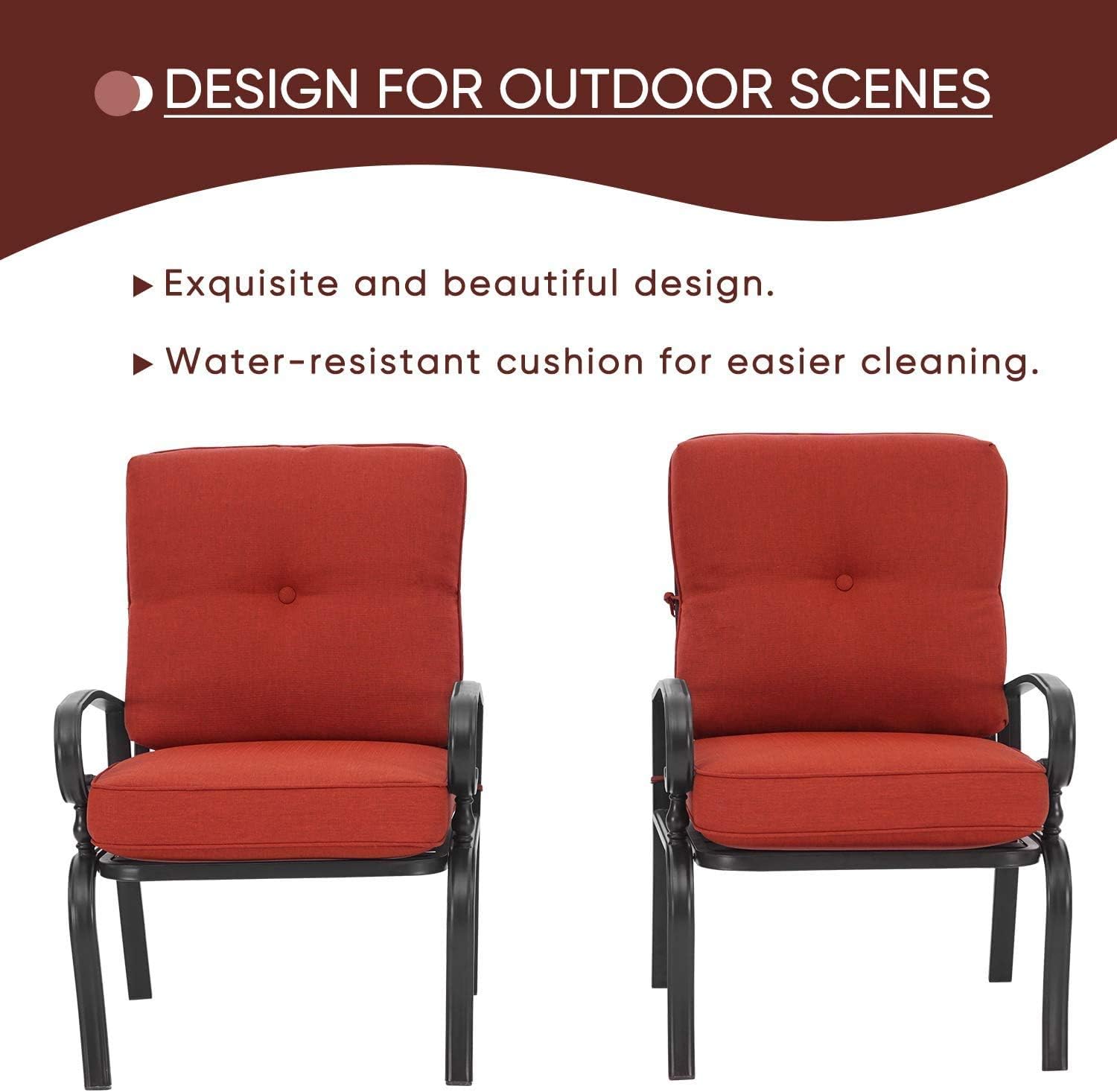 Crownland 2-Pack Patio Furniture Bistro Iron-Frame Dining Chairs, Thicken Cushion, Supports 250 lbs, Weather -Proof Garden Metal Seating Chair, Elegant for Outdoor & Indoor (Red)