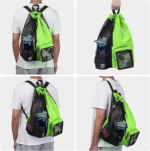 Vista 112 de WANDF Mochila de malla con cordón y bolsillo húmedo para natación, gimnasio y equipo de entrenamiento Negro