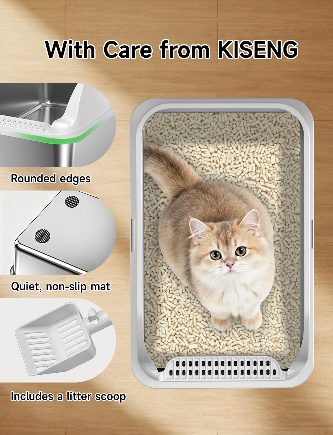 Stainless Steel Cat Litter Box with Lid, XL Extra Large High Sided Litter Box for Big Cats, Odor Free Open Top Litter Pan Easy Cleaning Anti-Urine Leakage Non-Stick, Includes Scoop, Light Grey