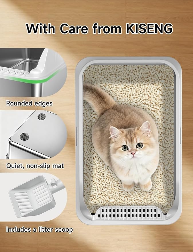 Cambiador de arena para gatos de acero inoxidable con tapa, XL extra grande, de alto borde para gatos grandes, sin olor, fácil limpieza miniatura 7