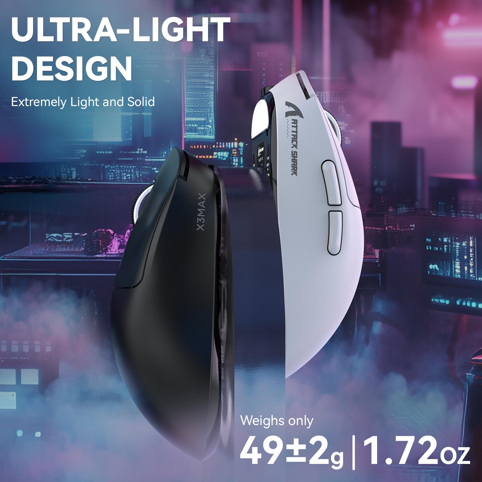 VGN GAMEPOWER X Attack Shark X3MAX PAW3950 bezprzewodowa mysz gamingowa Superlight, 42000 DPI, 49 g, ultralekka myszka optyczna, przełącznik optyczny, 2,4 G/BT/przewodowa, do 200 godzin, akumulator