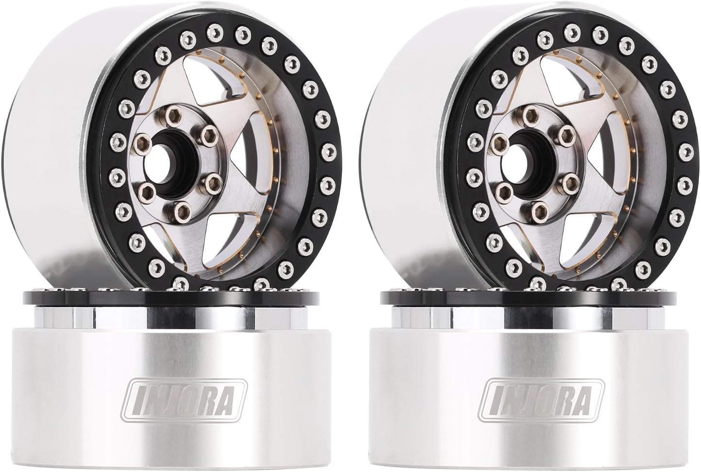 INJORA 1.9" Beadlock Wheel Rim - 143g Super Heavy Brass & Aluminum Deep Dish Wheel for 1/10 RC Crawler SCX10 TRX4 VS4-10 Gen8 (Silver)