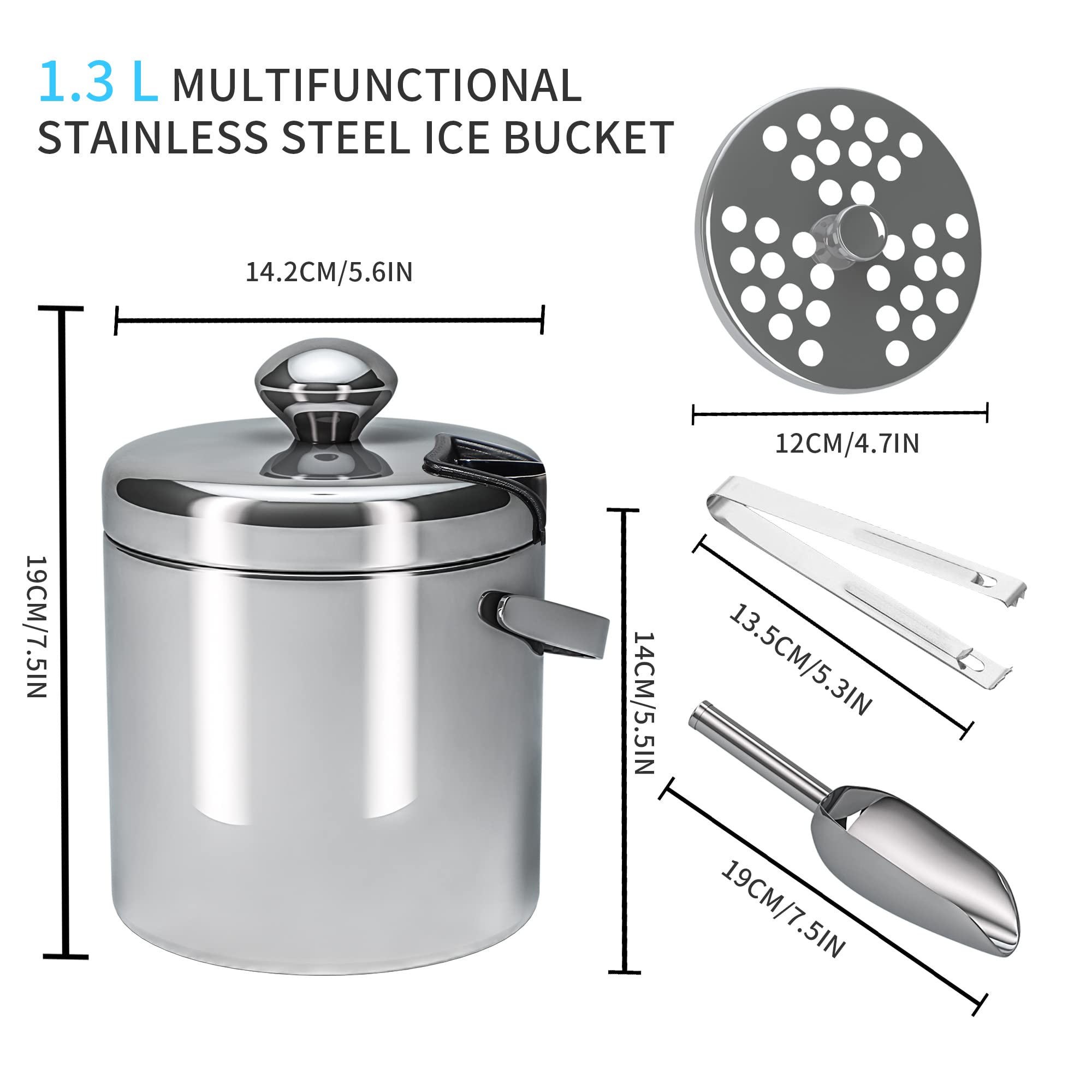 LessMo 1,3L Secchiello per Ghiaccio a Doppia Parete in Acciaio Inox, Secchiello per Ghiaccio con Coperchio, Secchiello Ghiaccio Champagne in Acciaio Inox a Doppio Strato, Ideale per Famiglie e Bar