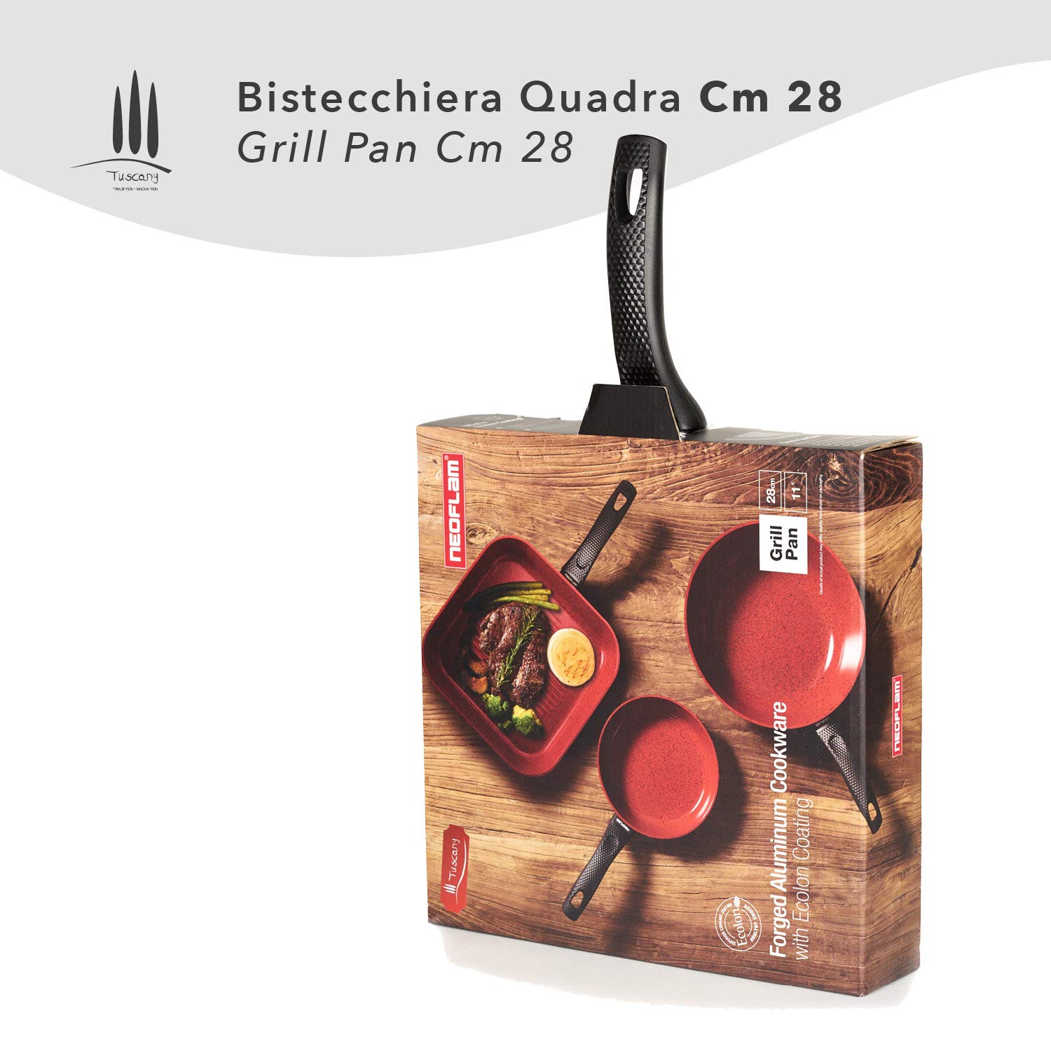 CLASSE ITALY, Linea TUSCANY, Bistecchiera cm 28 - Antiaderente naturale a 5 strati, alta resistenza, senza PTFE, PFOA, PIOMBO, CADMIO, per Induzione e Fiamma