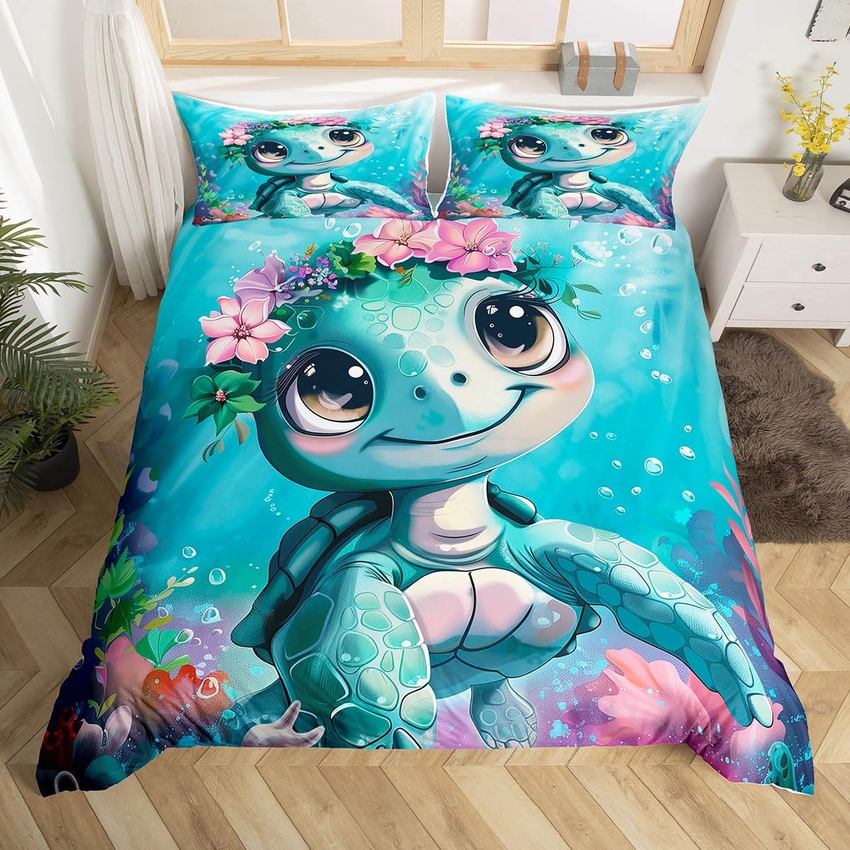 Housse de couette 200x200 tortue de mer avec 2 taies d'oreiller Homewish