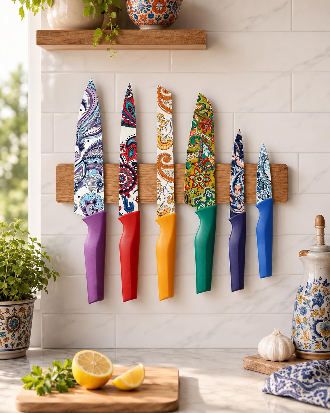Astercook Juego de Cuchillos con diseño de Cachemira y Funda, Cuchillos de Colores Aptos para lavavajillas con Funda para 6 Cuchillos, Juego de Cuchillos arcoíris de Acero Inoxidable alemán