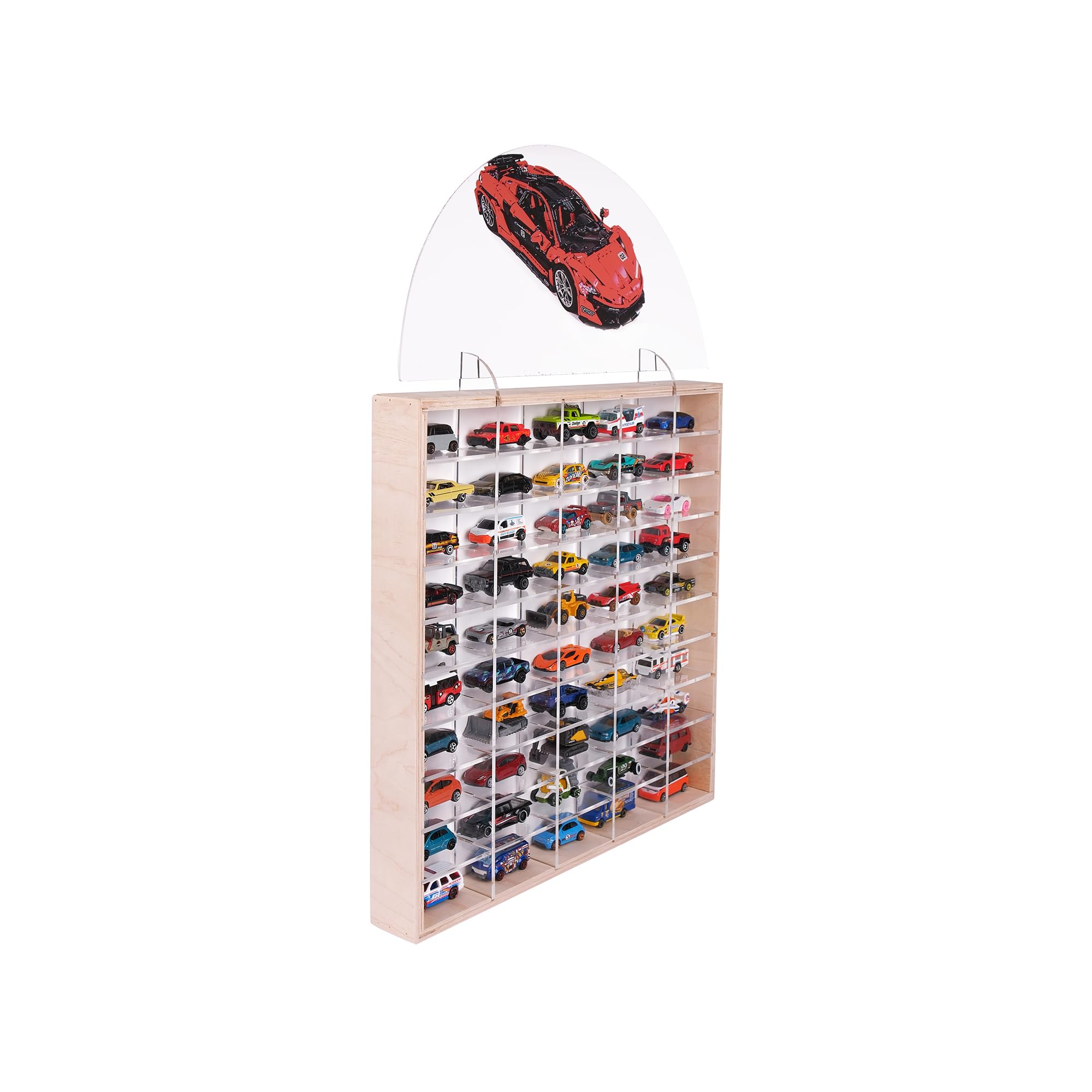 Rozitoys 50’li Ahşap Araba Rafı – Duvara Asılabilen Pleksi Raflı Koleksiyon Düzenleyici, 1/64 Ölçekli 51x6x52 cm