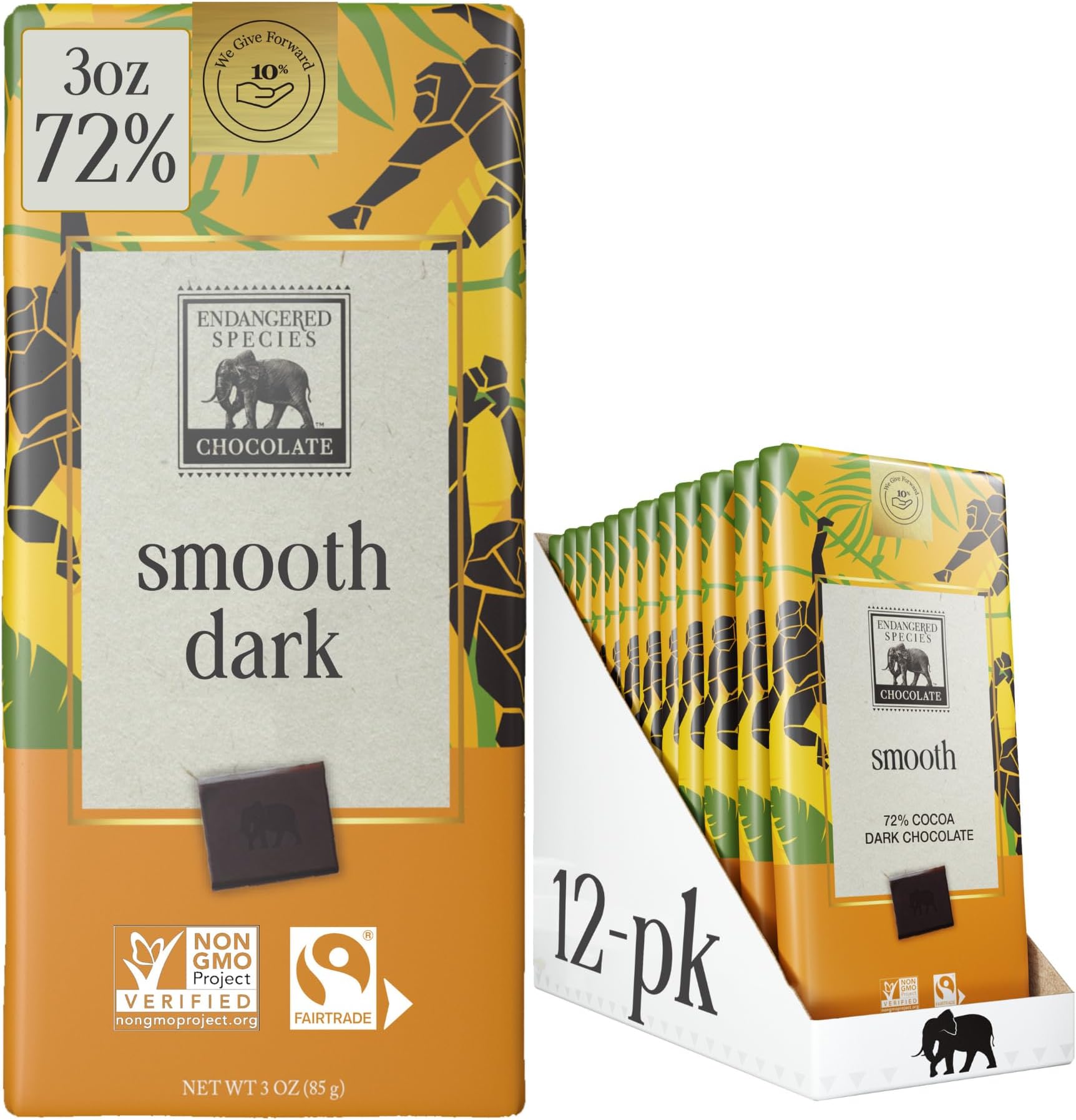 Endangered Species Chocolate Chimpanzee, Natural Dark Chocolate (72%), 3-Ounce Bars (Pack of 12)