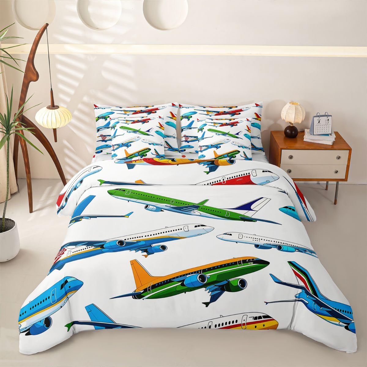 Flugzeug Bettwäsche 135x200 7teilig für Kinder Jungen Mädchen Flugzeug Fliegen Bettwäsche-Set 1 Bettbezug,1 Spannbettlaken,1 Bettlaken,2 Kissenbezüge,2 Dekokissenbezüge Flugzeug Drucken