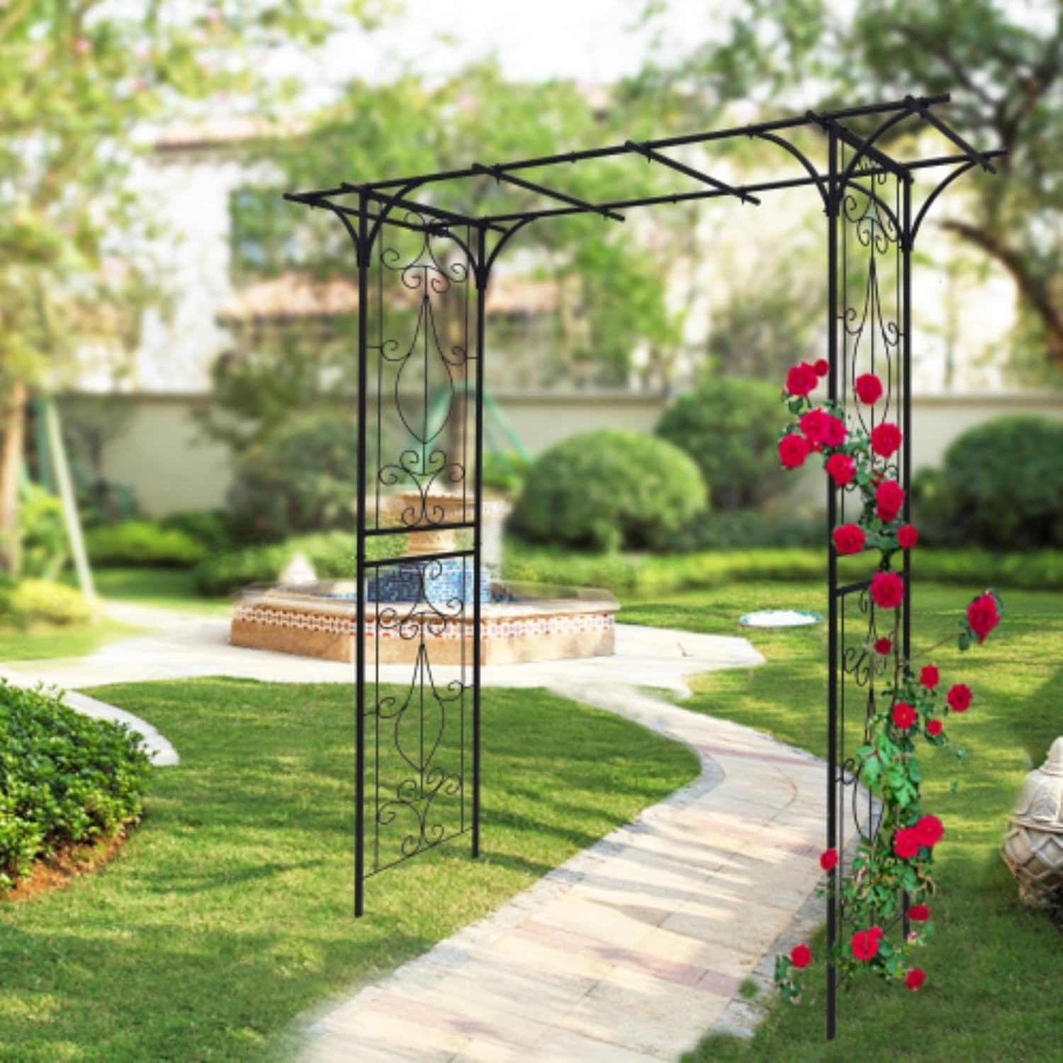 Metal Garden Arch Scrollwork Arbor Climbing Plants Support Rose Arch Outdoor Wedding Party Events Archway L80.3'' x W20.47'' x H81.1'' Black