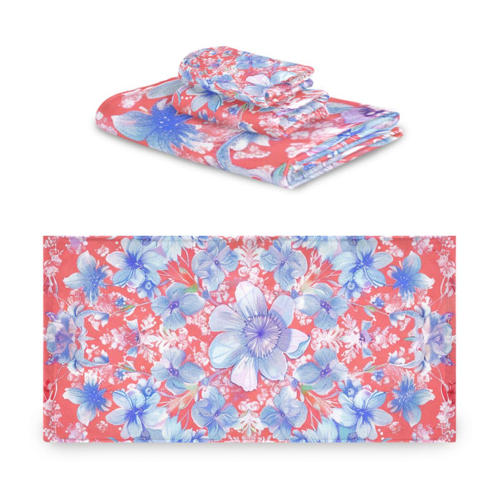 Set di 3 asciugamani da viso in stile bohémien, motivo floreale, rosso e blu, ad asciugatura rapida, 1 asciugamano da bagno, 1 asciugamano per le mani, 1 panno per yoga, bagno e cucina