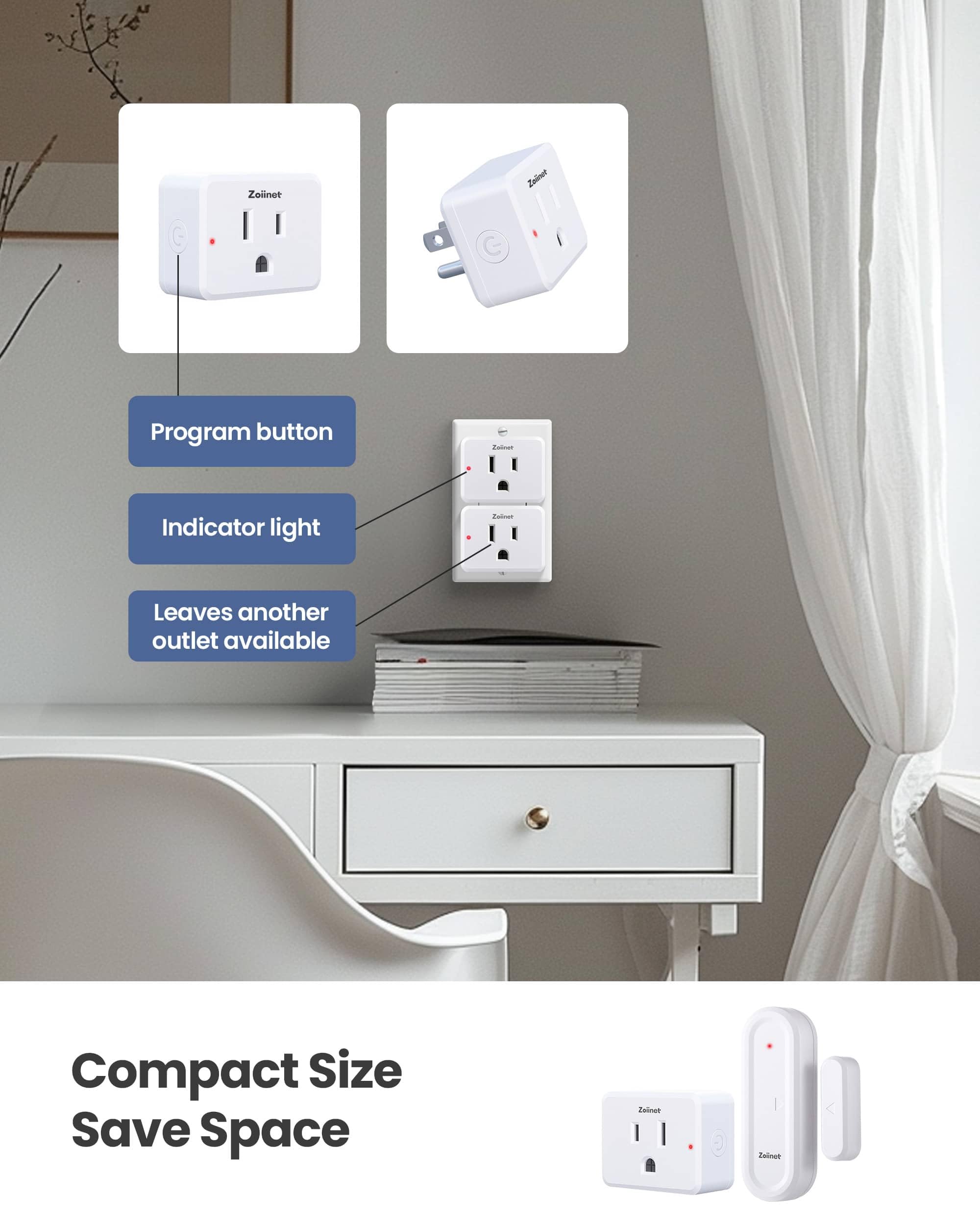 Zoiinet Kabelloses Türsensor-Steckdosensor-Set, Mini-Kontakt-Fenstersensor, unbegrenzte Gruppensteuergeräte, keine Verkabelung, kein WLAN, 15 Fuß, 15 A/1500 W, programmierbar, für