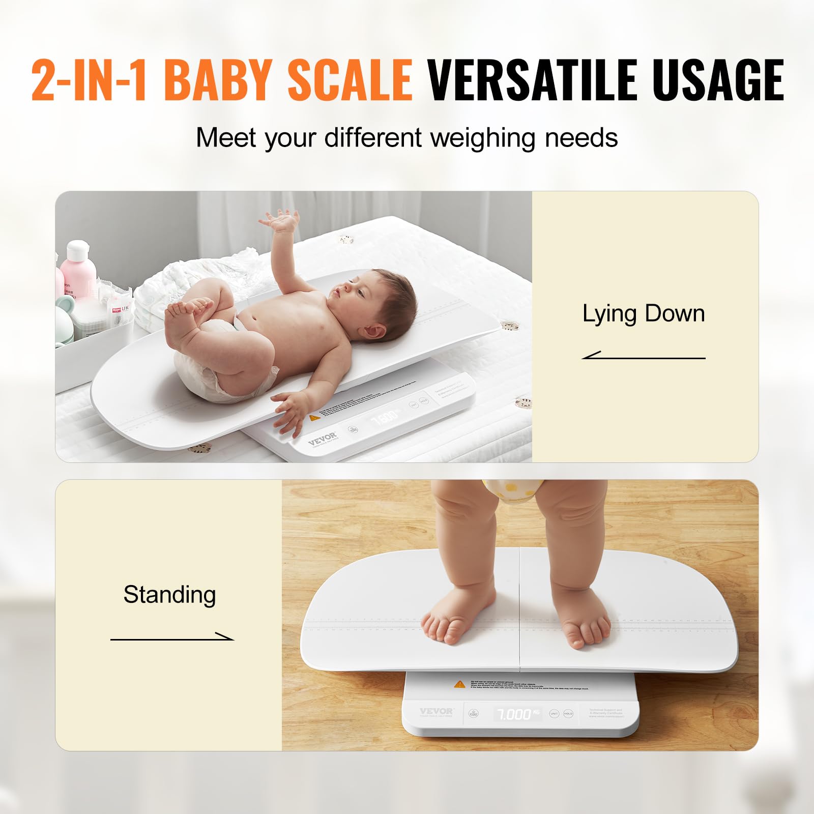VEVOR Bilancia Intelligente Bluetooth per Neonati, Bilancia Digitale per Neonati 2 in 1 per Pesare con Vassoio Staccabile, Funzione Hold e Tare, per Bambini Piccoli, Animali Domestici, Capacità 30 kg
