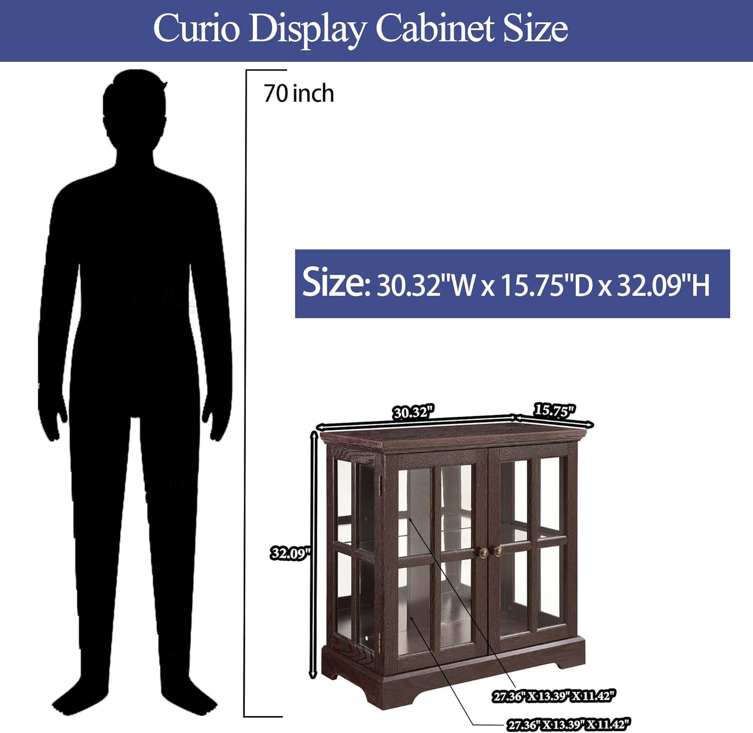 Curio Display Cabinet with LED Light, Adjustable Shelves, Mirror Back Pane, Glass Storage TV Stand for Kitchen & Living Room, 59" Multipurpose Sideboard (Cherry)