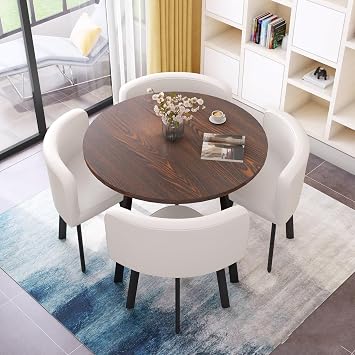 Round Dining Table Set,Kitchen Table and 4 Leather Chairs,Modern Conference Table,Leisure Coffee Table,Reception Table and Chair Combination,for Family Apartment 80cm Color A1