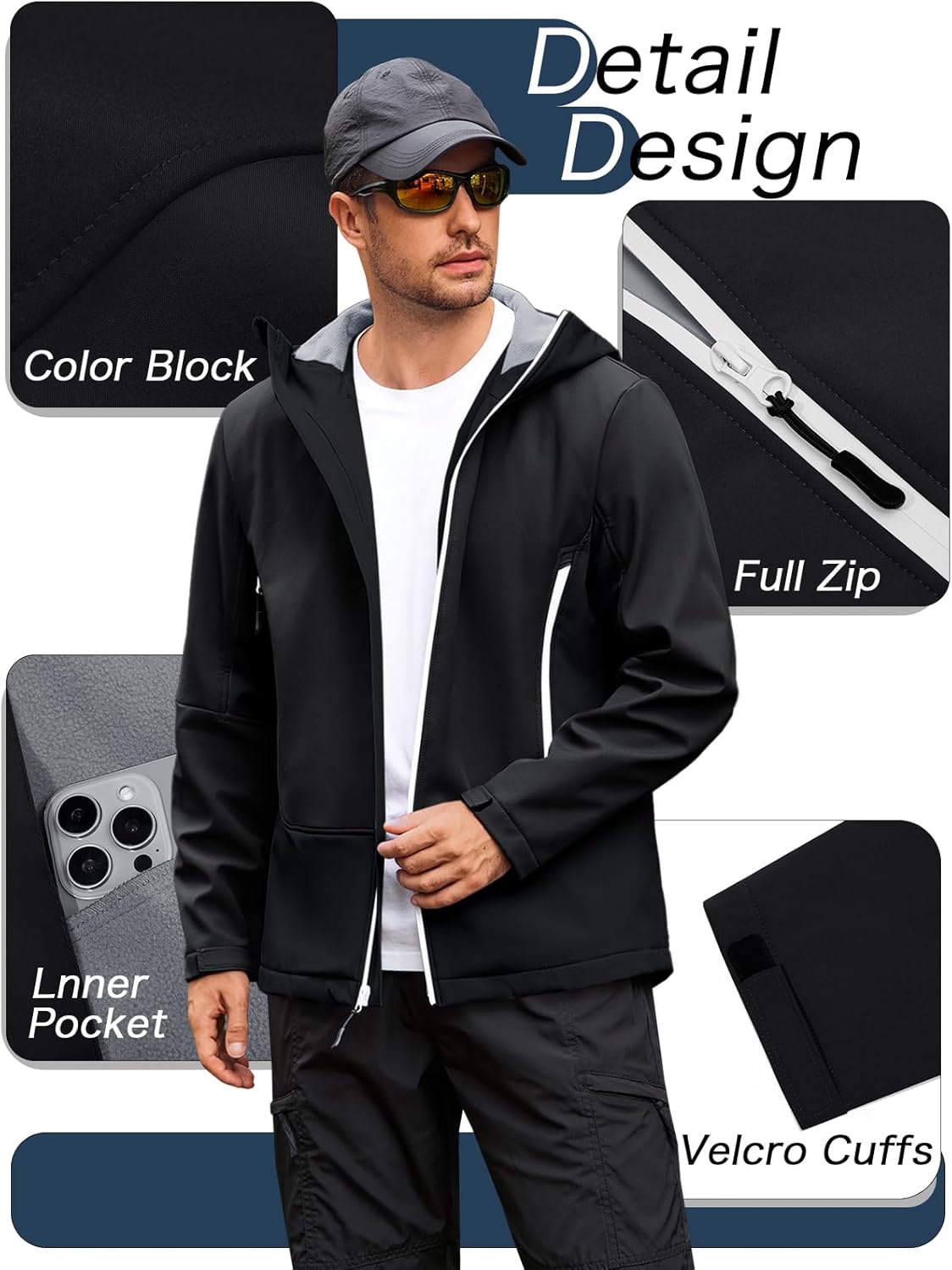 Runcati Mens Softshell Jacket Fleece Lined Windbreaker Color Block Rain Coat Waterproof Hooded Jackets for Hiking - Image 4