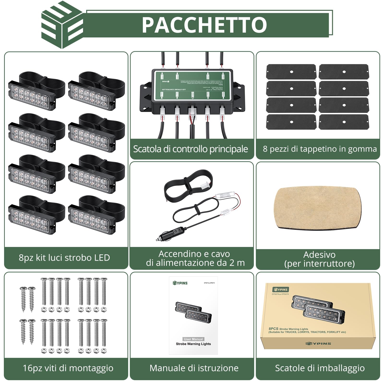 EYPINS 8 x 12 LED Luci di Avvertimento di Emergenza 12V/24V,14 Modalità Lampeggiante,Impermeabile IP65,Luce Lampeggiante per Trattore Auto Camion