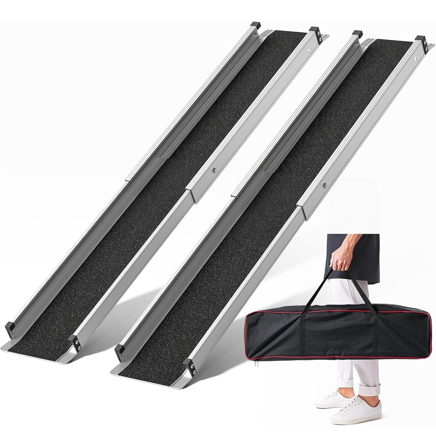 2X Rampas para Silla de Ruedas 90-150cm, Carga máx. 272 kg, Regulable, de Aluminio, Antideslizante, Portátil, Ligero, para Escalones,rampa portátil con Bolsillos de Tela