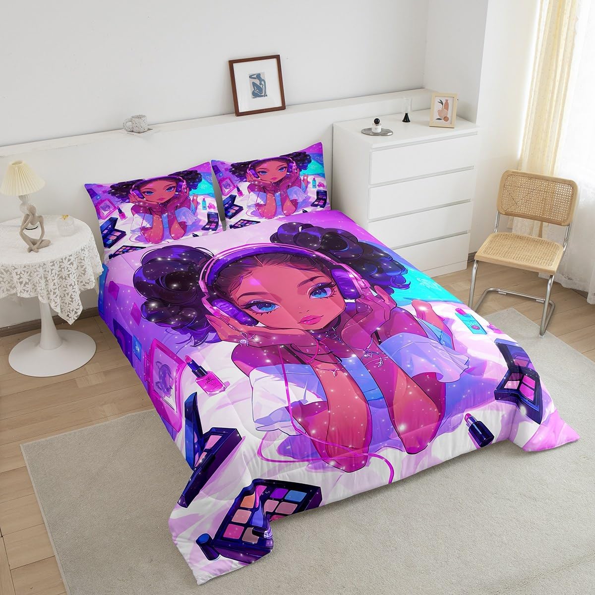 Erosebridal Black Girls Magical Bedding Set Full Size American African Princess Comforter Set for Girls Kids Reversible Colorful Stars Bed Comforter Sets for Teen Women Fashion Makeup Decor Quilt