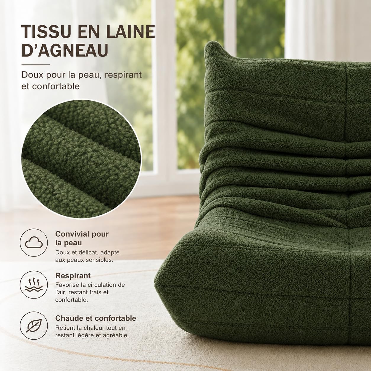 Pouf de sol, canapé Togo au design ergonomique, canapé relax avec revêtement en fausse fourrure et mémoire super moelleuse, pour chambre à coucher, salon (vert)