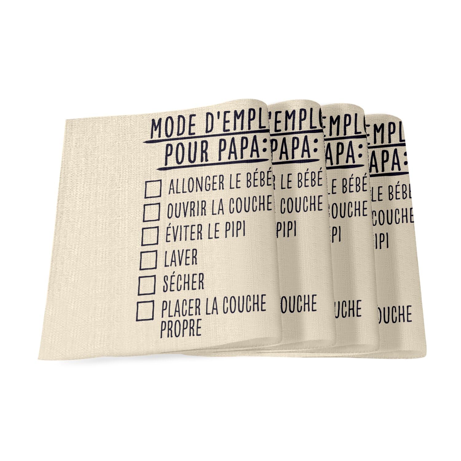 Sets de table en lin pour repas de famille animés par une blague de papa couche