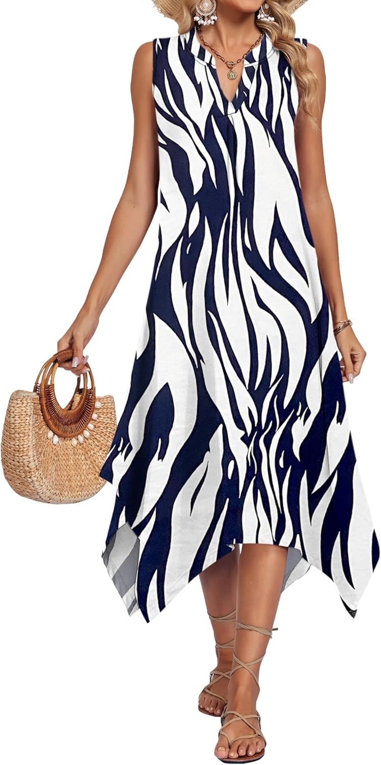 AUSELILY Summer Dresses for Women 2026 Casual Sleeveless Sundress Asymmetrical Hem Tank Midi Dress with Pockets - Image 2