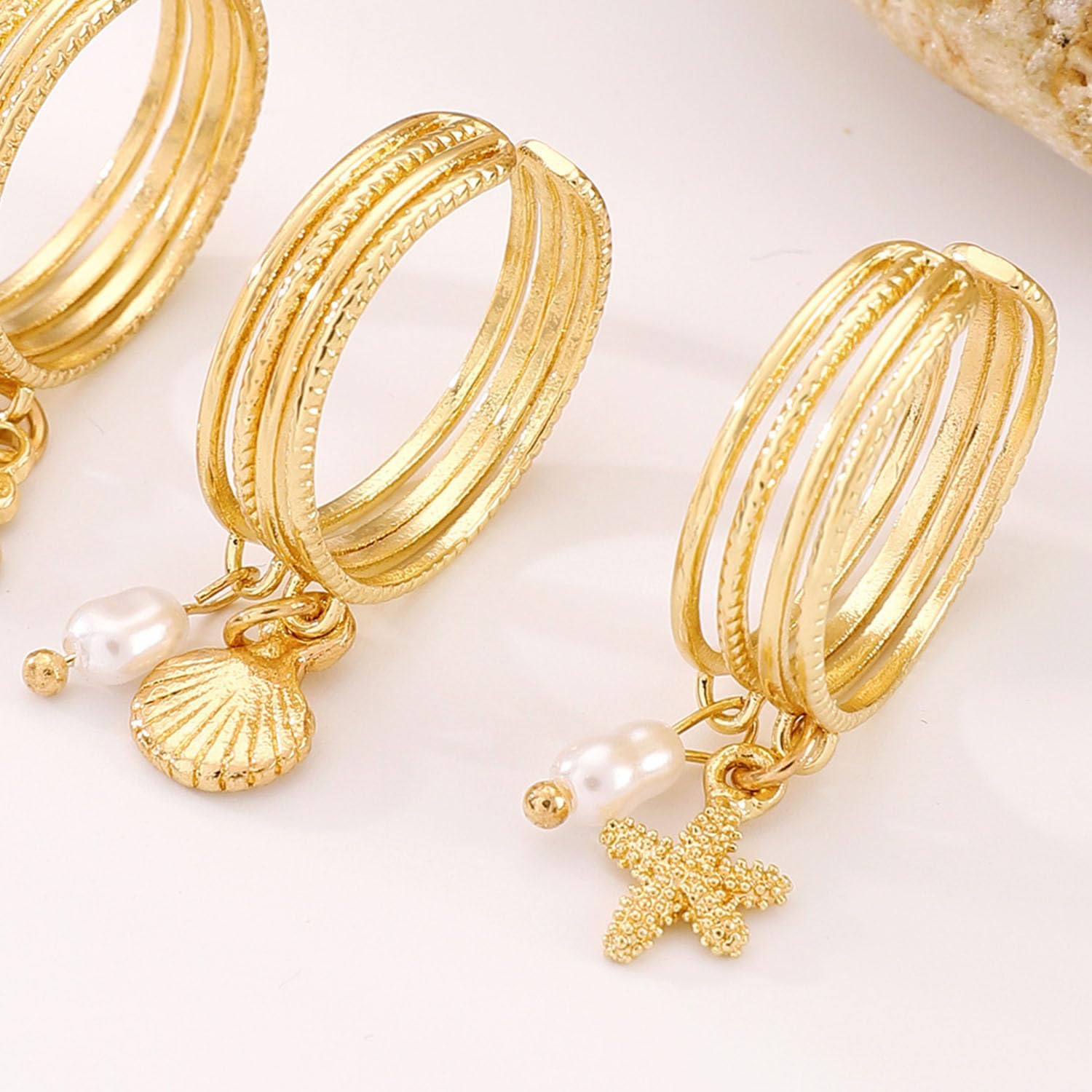 Gold Seashell Ring for Women Gold Starfish Ring Boho Shell Pearl Ring Adjustable Open Beach Ring Chunky Stackable Ring for Women Summer Jewelry - Image 8