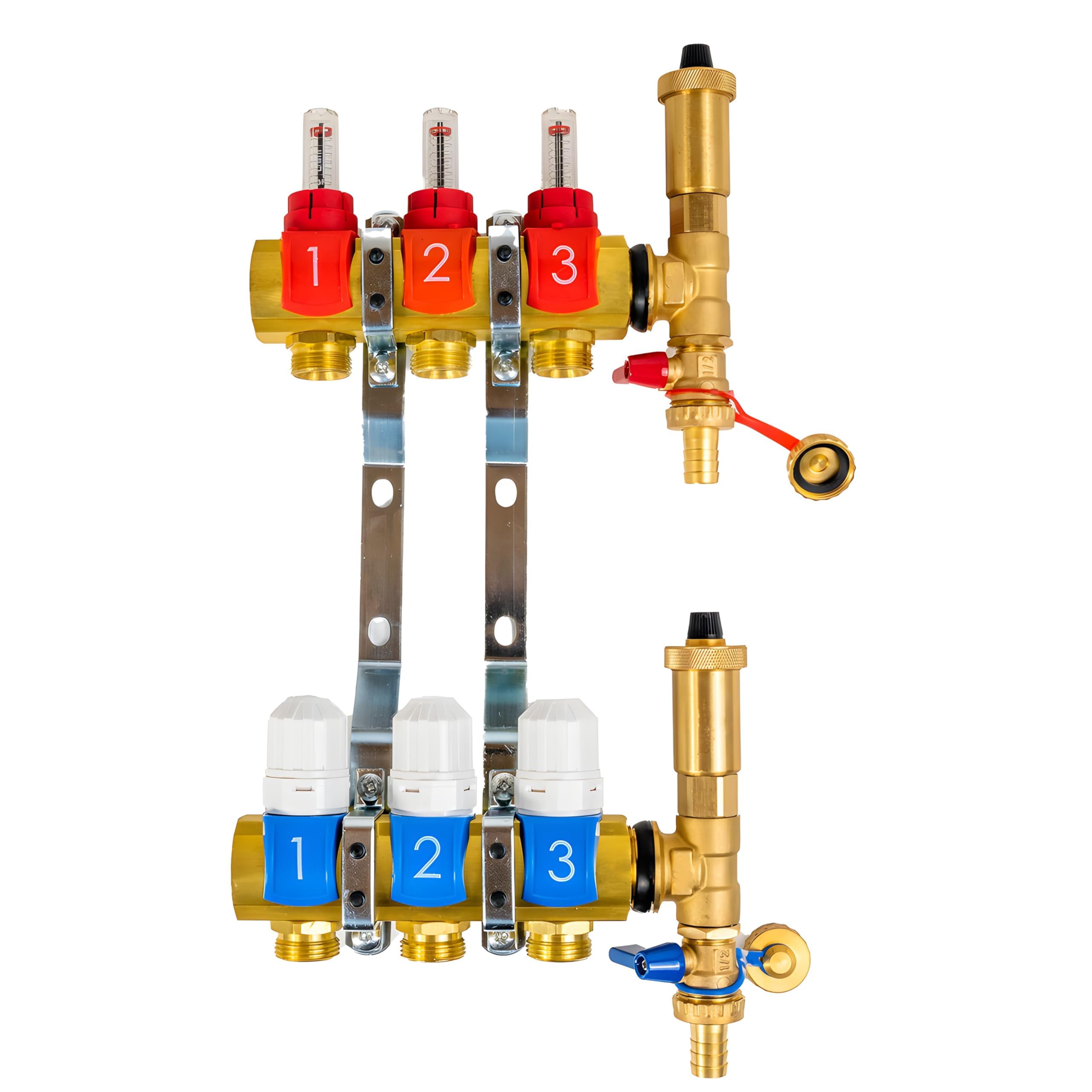 Colector de Calefacción por Suelo Radiante 3 Circuitos – Kit Completo de Latón – Válvulas Termostáticas y Caudalímetros 0,5–5,5 l/min – Roscas G1" x G3/4" – Presión ≤ 10 bar – Montaje Flexible