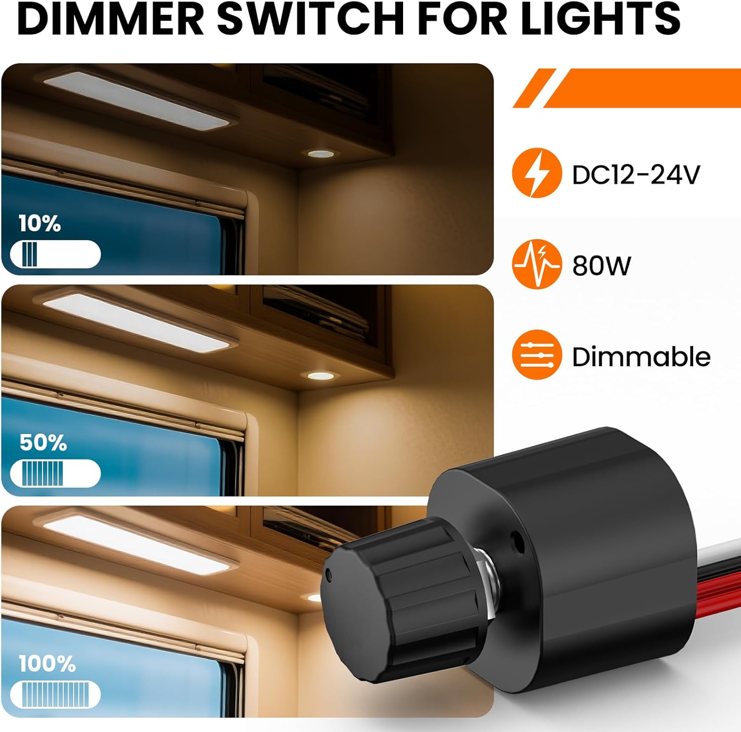 GZV 12V Dimmer Switch, 80W DC 12V Dimmer Adjustable Brightness for LED Halogen Incandescent Strip Lights, Universal Fit for RV Auto Truck Marine Boat, 2Pack