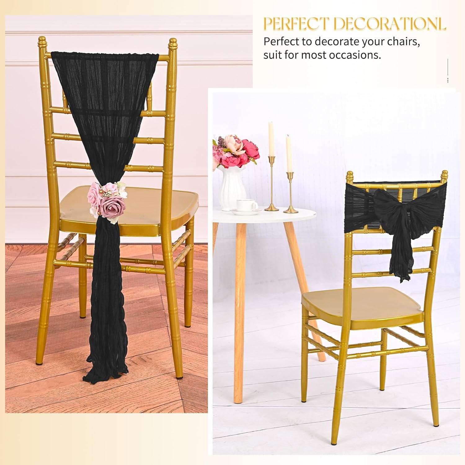60 PCS Black Cheesecloth Chair Sashes, 16 x 70 inch Cheesecloth Sashes Rustic Chair Decorative Bows Designed ChairCover for Wedding Banquet Party Aisle Home Kitchen Decoration