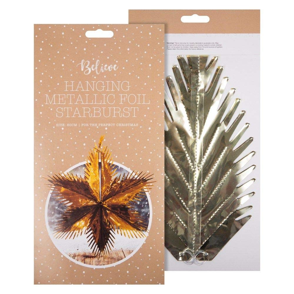 Believe Christmas Hanging Decoration Foil Garland, Starburst for Xmas Hangings (Gold Starburst 60cm)