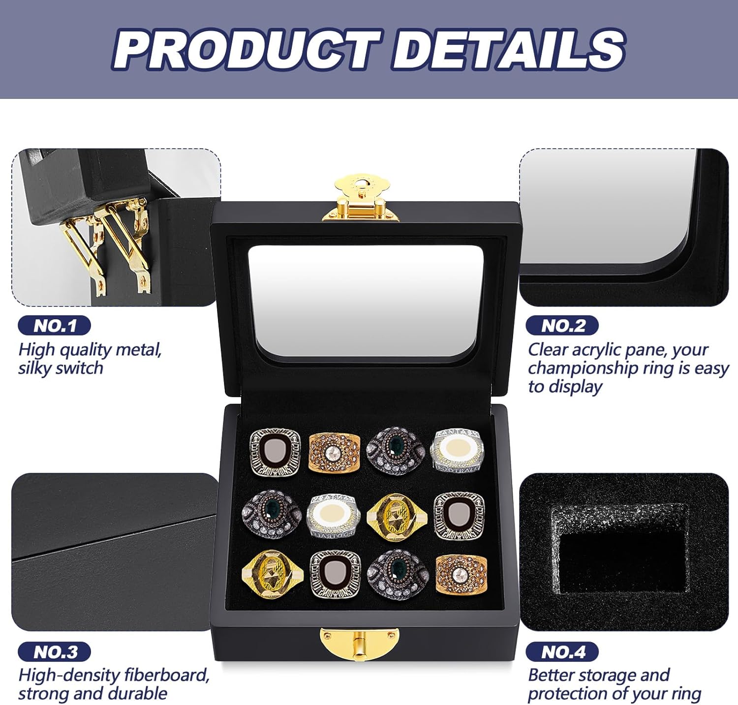 Equsion Championship Ring Display Case 12 Slots Baseball Ring Holder Box for Single Replica Baseball Softball Football Sports Souvenirs Storage Organizer Wooden Box