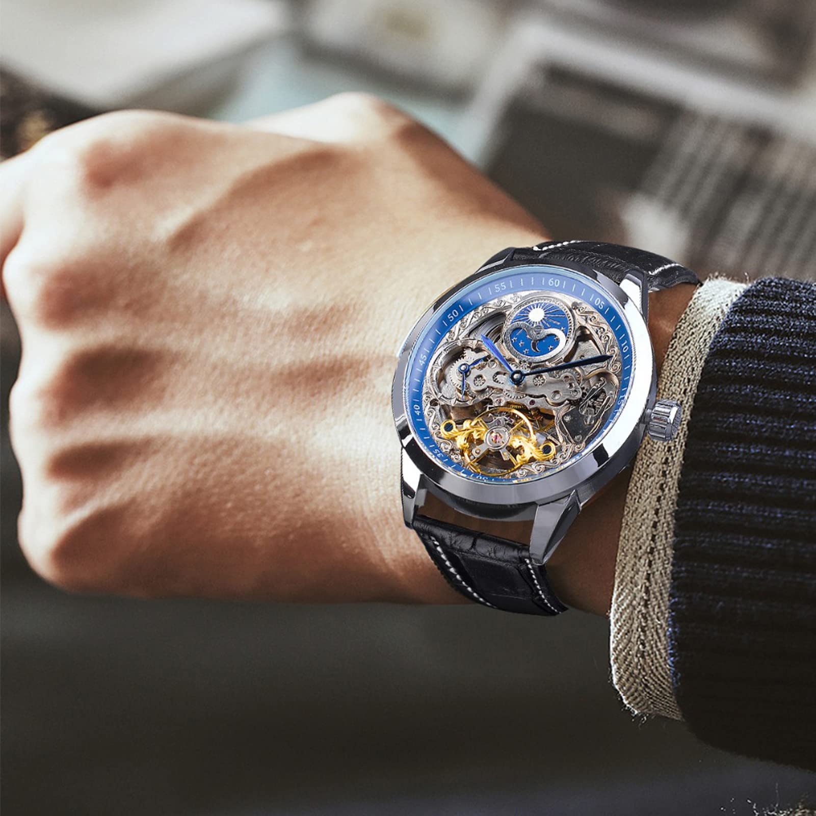 FORSINING Orologio da uomo Tourbillon Fase lunare Orologio da polso automatico da uomo in pelle moda business scheletro orologi di lusso a carica manuale
