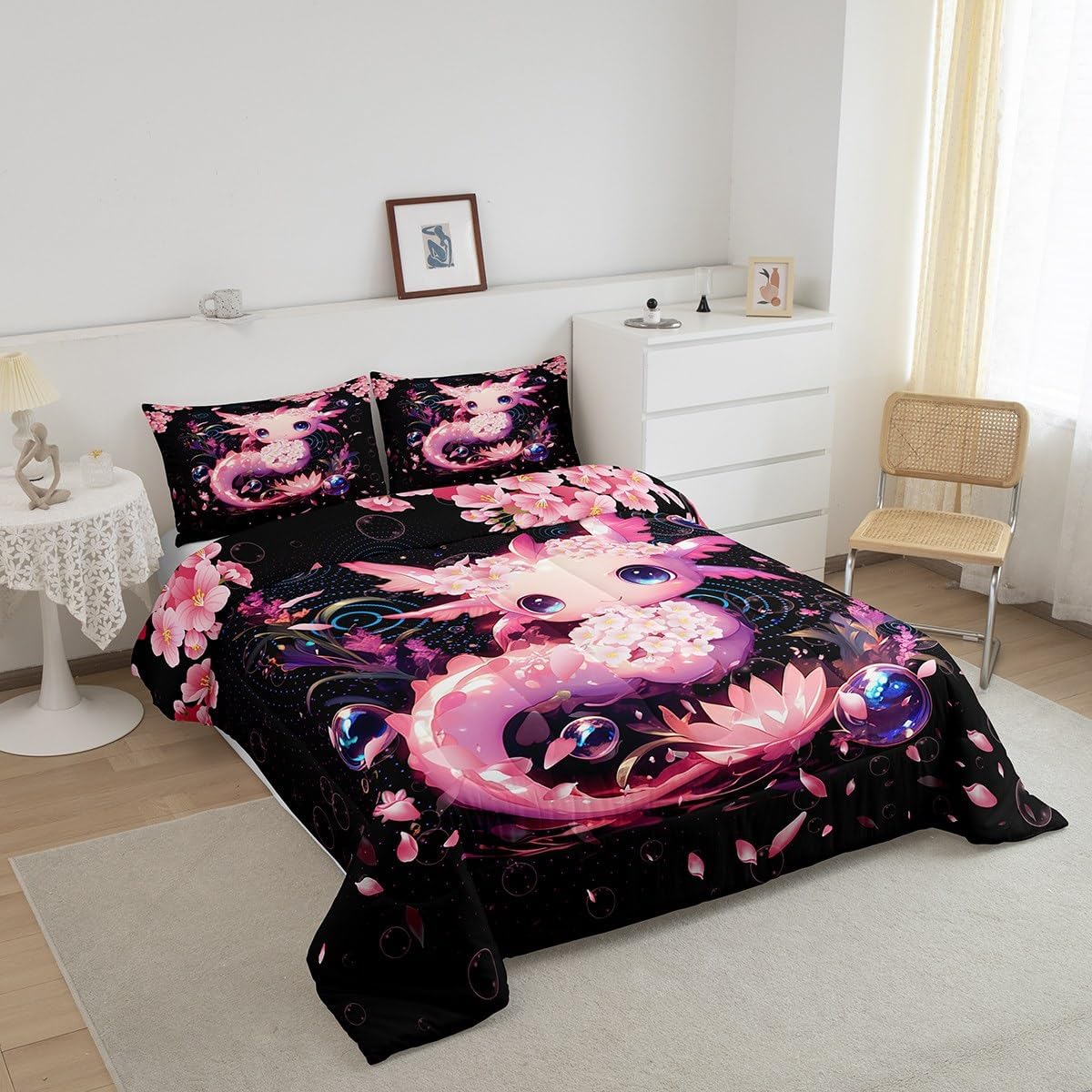 Feelyou Cute Axolotl Girls Bedding Set Twin Size Cartoon Salamander Duvet Cover for Kids Teens Black Pink Comforter Cover Set Pretty Bubble Bedspread Cover 2Pcs
